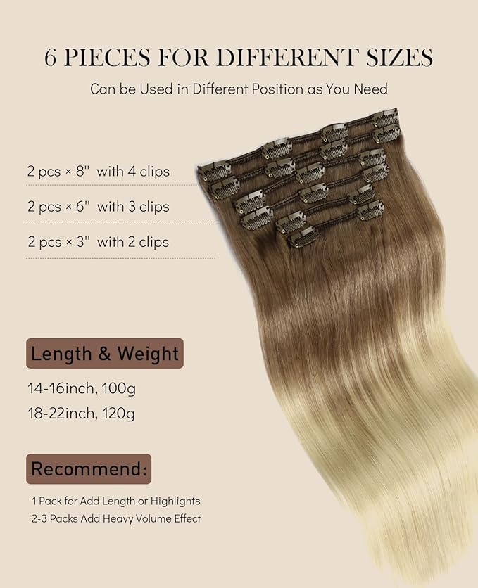 VINBAO Hair Extensions Clip in Human Hair Balayage Ombre Blonde Clip in Human Hair Extensions #8 Light Brown Fading to #60 Platinum Blonde Double Weft 18inch 120g 6pcs Full Head (#8/60, 18)