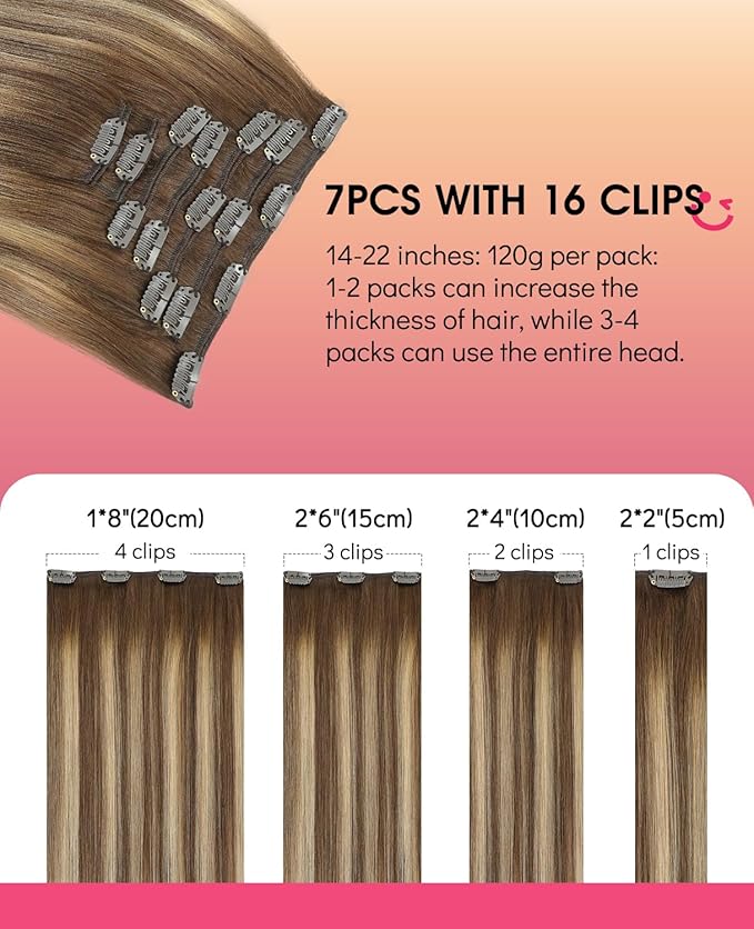 Youngsmile Clip in Hair Extensions Human Hair, 14inch 7Pcs 120g Real Human Hair Clip in Extensions, Double Weft, Balayage Ombre Brown Fading to Caramel Blonde (CLIP#4/27/4-14Inch)