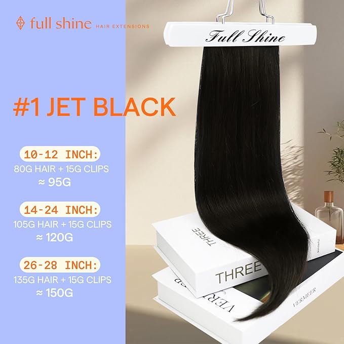 Full Shine 26 Inch Hair Extensions Real Human Hair Black 150 G Invisible Clip in Hair Extensions Human Hair For Women Jet Black Soft Straight 7 Pcs
