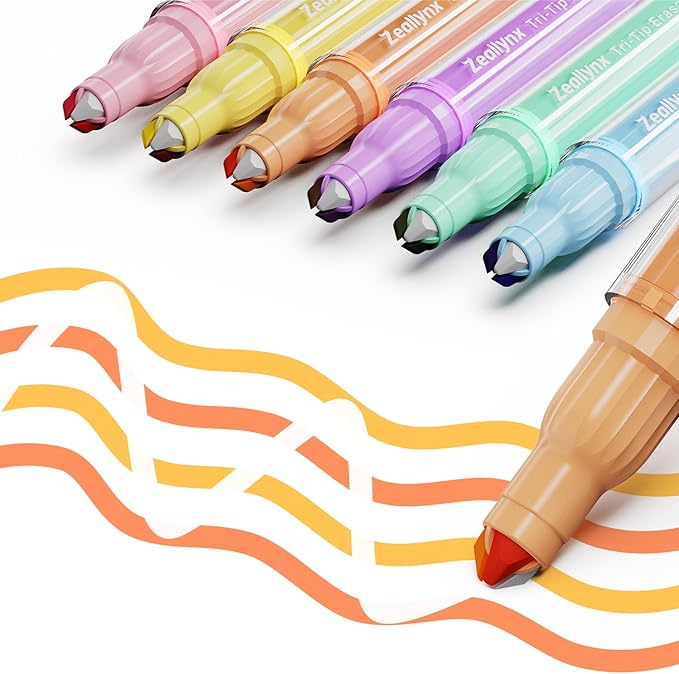3-in-1 Highlighter Marker Set, 6 Pens with 2 Highlighter Tips & 1 Erasable Tip, Quick-Dry No-Bleed Ink, Multi-Color Markers for Note-Taking, Journaling, Studying & Planner Decoration