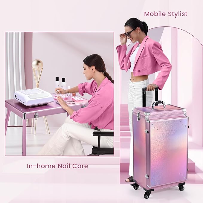 Joligrace Rolling Manicure Table 5 Drawers Foldable Nail Desk Cosmetology Case on Wheels Makeup Case with Brush Pouch for Technician Workstation Mobile Makeup Artist Trolley, Shiny Pink