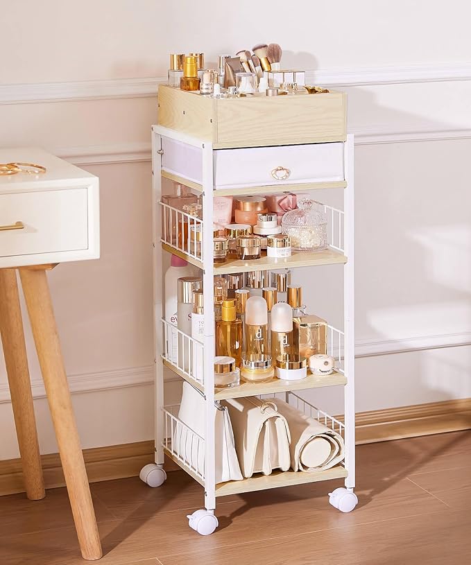Makeup Storage Organizer for Bedroom: Make Up Holder with Drawer - Vanity Organization for Skincare Cosmetic Brush Beauty Accessories