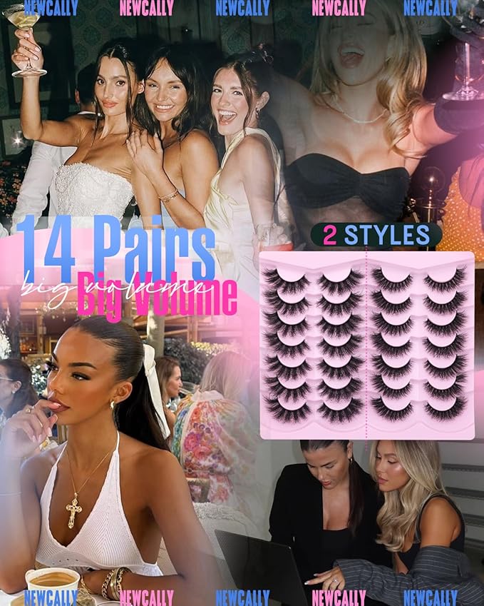Newcally False Eyelashes Thick Volume Wispy Faux Mink Lashes 8D Volume Long Cat Eye Lashes Dramatic 18MM 2 Styles Mixed Fake Lashes 14 Pairs Pack