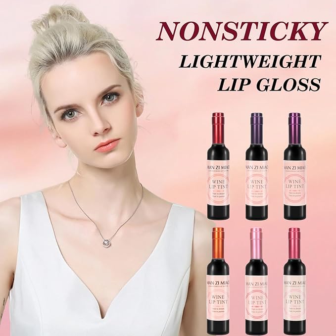 Wine Lip Tint 6 Colors Bottle Lip Gloss Set Matte & Glossy Finish Lipstick Lip Gloss Moisturizing Long-Lasting Wine Lipstick Collection Non-Sticky Hydrating Lip Makeup Kit for Women Gift Idea
