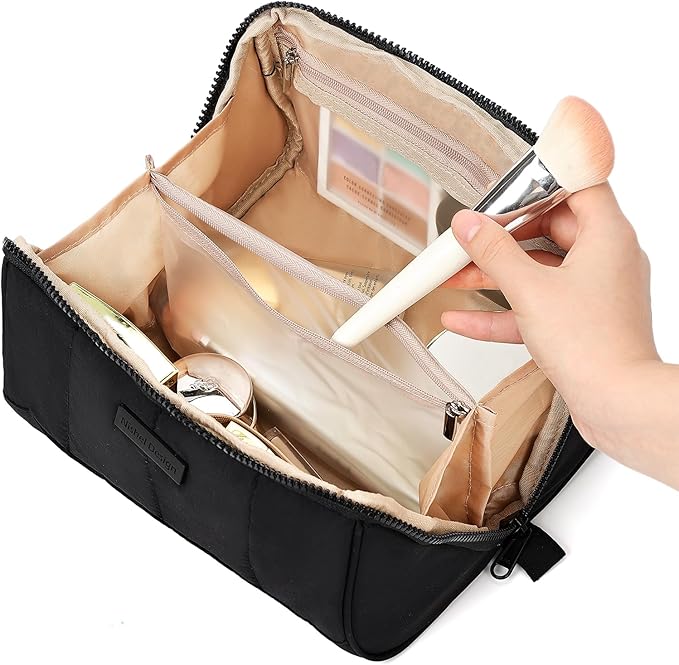 NISHEL Travel Makeup Bag for Women, Fluffy & Lightweight Open Flat Cosmetic Organizer with Multiple Functional Divider for Brush Independent Storage, Handle for Easy Portability, Black
