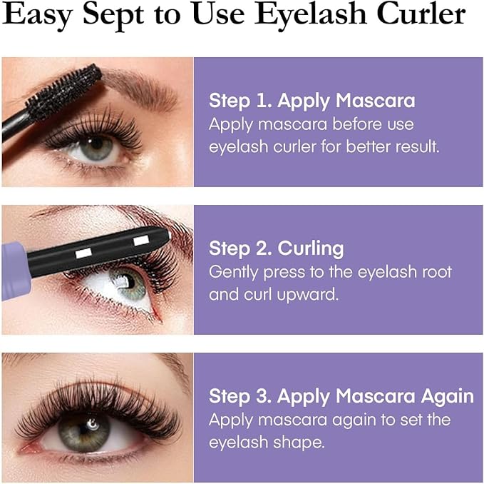 Heated Eyelash Curler with Comb, USB Rechargeable, 3 Temperature Settings, Quick‑Heat Electric Lash Wand for Long‑Lasting Curl, Travel‑Friendly, Purple