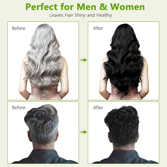 Black Hair Dye Shampoo for Women & Men, 5 Min Gray Coverage, 3 in 1 Semi-Permanent Color with Natural Herbal Ingredients