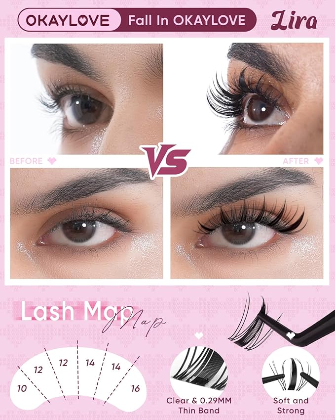 OKAYLOVE Manga Lash Clusters with Spikes, LIRA 8-18mm DIY Cluster Eyelash Extensions Kit, 140pcs CC Curl Clear Band Individual Lashes with Lash Bond and Seal, Remover, Lash Tweezers