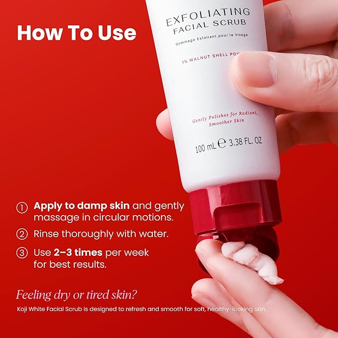 Koji White Exfoliating Facial Scrub, Gentle Face Wash with 1% Walnut Shell Powder, AHA, Kojic Acid Dipalmitate & Hyaluronic Acid | Hydrating, Unscented, Vegan, 100ml (3.38 Fl Oz)