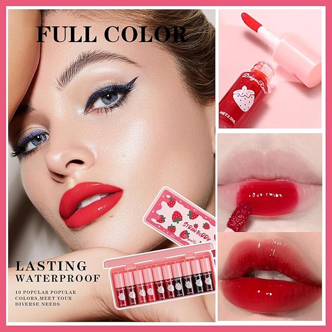 Eakroo 10 Colors Lip Stain Tint Set, Korean Lip Gloss for Women, Moisturizing Korean Lip Tint, Lip Stain Long Lasting Waterproof, High Pigment, Non-Stick Cup, Vivid Color, Lip Tint Makeup (Set A)