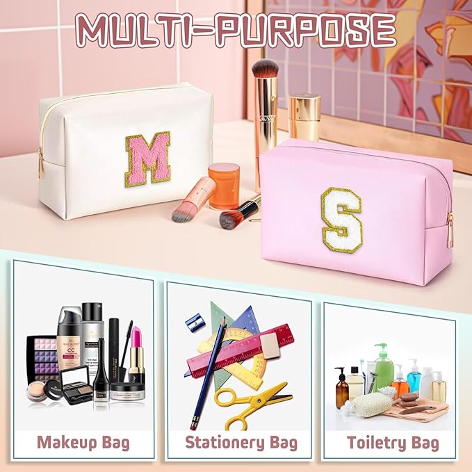 TOPEAST Birthday Gifts for Girls, Travel Makeup Bag Chenille Letter Pouch Cosmetic Bag, Makeup Travel Organizer, Monogrammed Bridesmaid Gifts for Women, Cute Stuff for Girls (Pearly White J)
