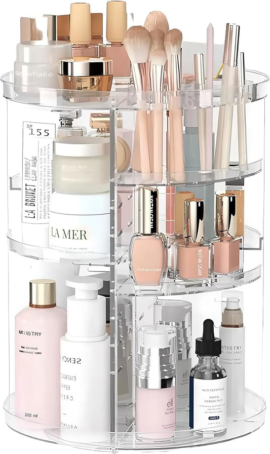 Acrylic Rotating Makeup Organizer for Vanity Counter - Clear Cosmetic Storage Tray with Drawers, Jewelry & Brush Holder DIY 8 Adjustable Layers 360 Spinning