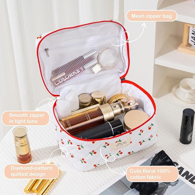 Makeup Bag for Women 3PCS Quilted Cotton Make Up Bag Travel Cosmetic Bag Large Makeup Bag Set Cute Makeups Organizer Floral Toiletry Pouch for Purse, Cherry
