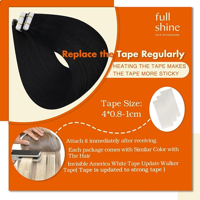 Full Shine Black Tape in Hair Extensions Human Hair Remy Seamless Human Hair Tape Extensions 26Inch Double Sided Tape ins Human Hair Extensions for Women Straight Black Hair Extension 50G 20Pcs