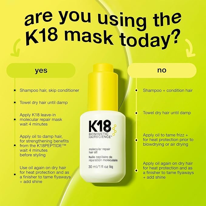K18 Molecular Repair Hair Oil, Weightless Oil for Stronger, Healthier Hair, Suitable For All Hair Types, 1 Fl Oz