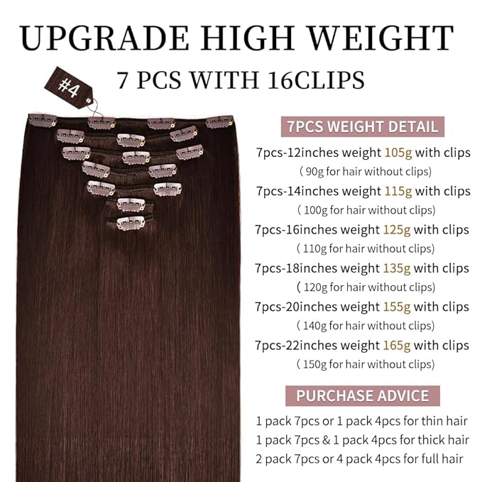 22 Inch Clip-in Hair Extensions Remy Human Hair for Women - Soft Handmade Real Human Hair Clip in Extensions, Straight, Thick, 165g 7pcs Medium Brown #4 Color