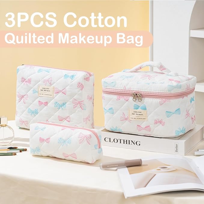 Makeup Bag for Women 3PCS Quilted Cotton Make Up Bag Travel Cosmetic Bag Large Makeup Bag Set Cute Bow Makeups Organizer Floral Toiletry Pouch for Purse, Bow F