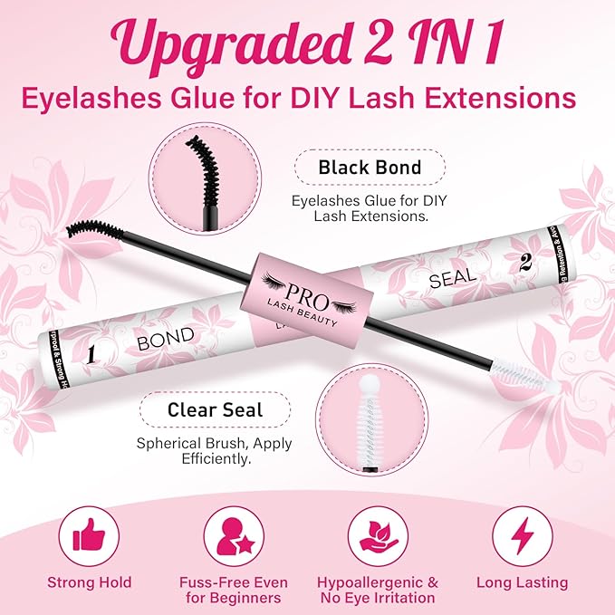 PROLASHBEAUTY Lash Cluster Glue Upgraded 2 in 1 Black Lash Bond and Seal Lash Glue for Eyelash Clusters Waterproof Strong Hold Eyelash Glue Long-Lasting 72H+ (10ml, Black Bond & Clear Seal)