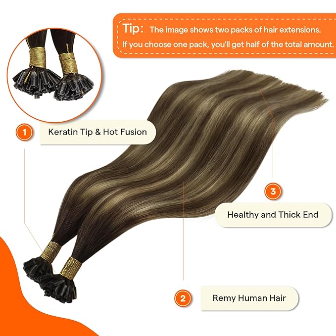 Full Shine U Tip Hair Extensions Dark Brown to Ash Blonde Ombre Brown 14 Inch 40 Grams Keratin Hair Extensions Human Hair Fusion Extensions Remy Hair add Volume