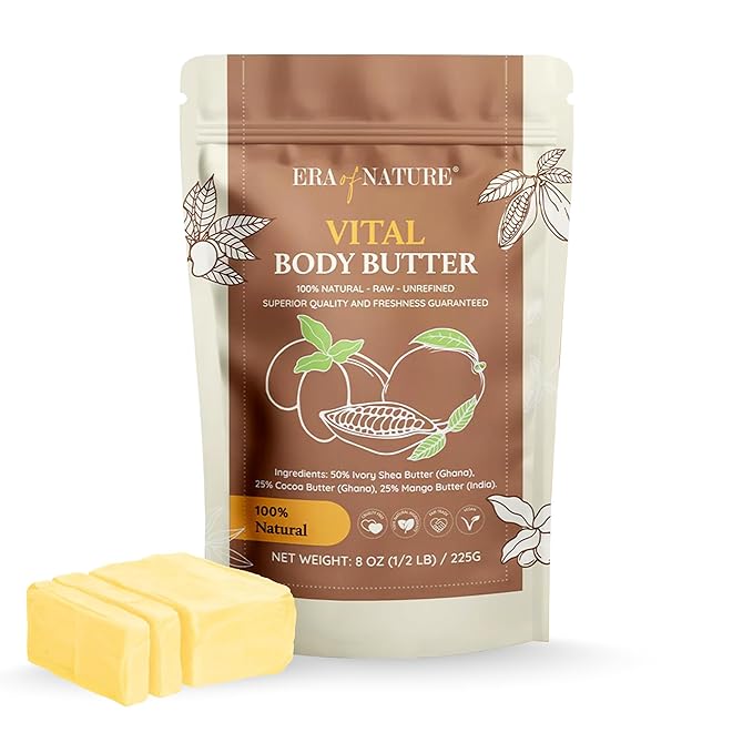 era of nature Organic Shea, Mango & Cocoa Body Butter – Raw, Unrefined, 100% Natural – Perfect Base for DIY Skincare, Body Butters, Lotions, Soaps & Lip Balms – Essential for Homemade Creations – 8oz