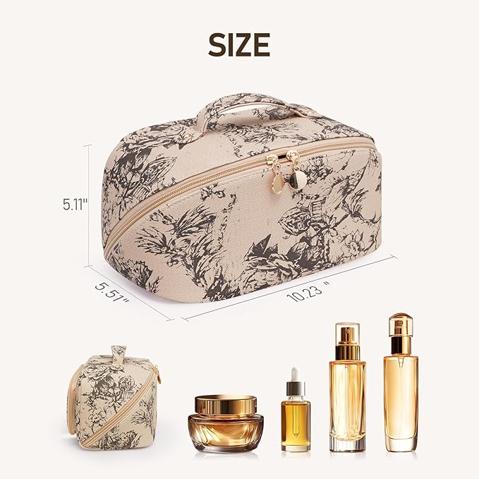 Large Capacity Cosmetic Bag for Women, Waterproof PU Leather Makeup Bag for Travel,Toiletry Bag Make up Organizer with Divider and Handle (Lighting Coffee)