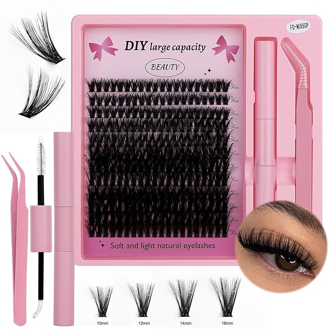 Lash Clusters Kit Eyelash Clusters Individual Lash Extension Kit 240 Pcs D Curly Cluster Lashes DIY Eyelash Extension Kit with Lash Bond and Seal Tweezers Brushes(6D Kit 10-16mm)