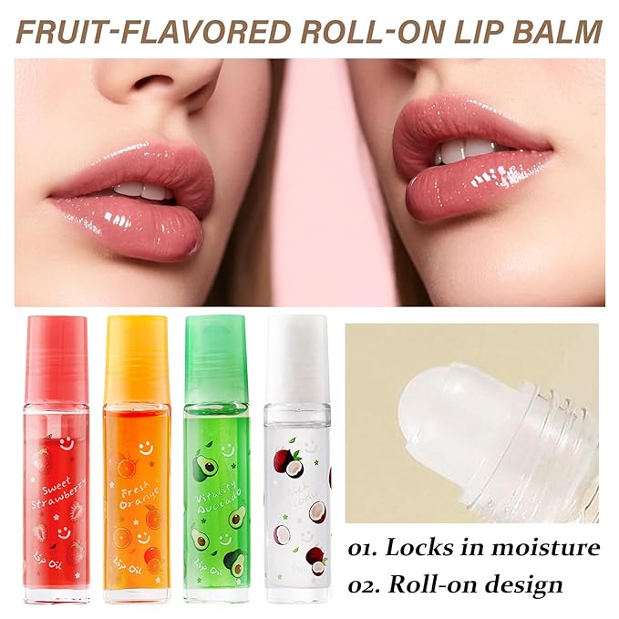 4Pcs Roll On Lip Gloss Set,Moisturizing Lip Oil Set,Fruit Flavored Jelly Lipgloss,Plumping Lip Gloss Kit,Non-sticky Liquid Clear Jelly Lipstick,Long Lasting Hydrating Lip Set for Women