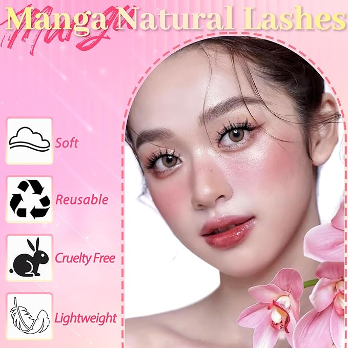 Ahrikiss Lashes Manga Lashes Natural Look Anime False Eyelashes 8 Pairs Faux Mink Lashes Kit with Lash Glue and Lash Tweezers Soft Wispy Fake Eyelashes Cosplay Spiky Strip Lashes (Comic Kit)
