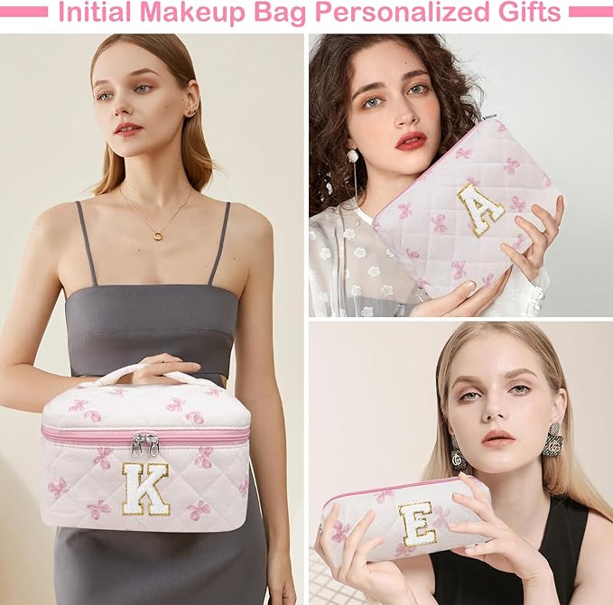 Initial Makeup Bag Set, Personalized Quilted Makeup Bag, Large Floral Cosmetic Bag for Women, Cute Cotton Custom Make up Bags, Flower Travel Toiletry Bag Teen Girl Gift Pink Butterfly E