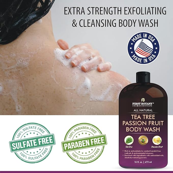 First Botany All Natural Body Wash - Fights Body Odor, Athlete's Foot, Jock Itch, Nail Issues, Dandruff, Acne, Eczema, Shower Gel for Women & Men, Skin Cleanser -16 fl oz (Passion Fruit)