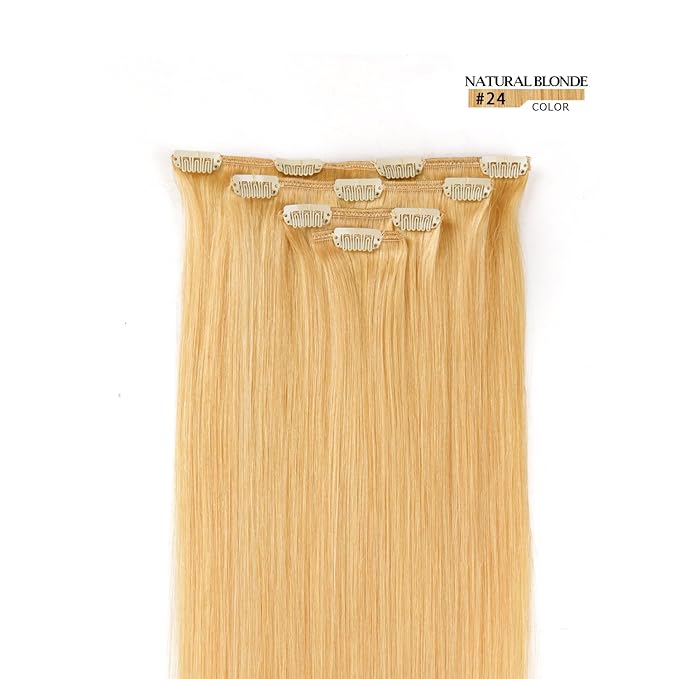 16" Clip in Hair Extensions Remy Human Hair for Women - Silky Straight Human Hair Clip in Extensions 55grams 4pieces Natural Blonde #24 Color