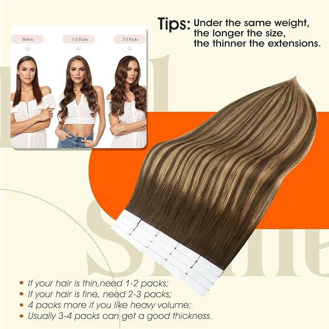 Full Shine 20Inch Tape in Hair Extensions Real Human Hair Brown to Blonde Color 4/24/4 Balayage Seamless Hair Extensions 20Pcs 50G Invisible Tape ins Human Hair Extension Remy Hair for Wedding