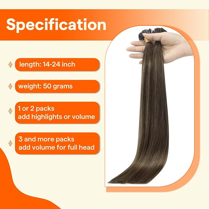 Full Shine K Tip Hair Extensions Real Human Hair 16 Inch 50 Grams Dark Brown Mixed Ash Brown Fusion Hair Extensions Human Hair Straight Natural Remy Hair for Women