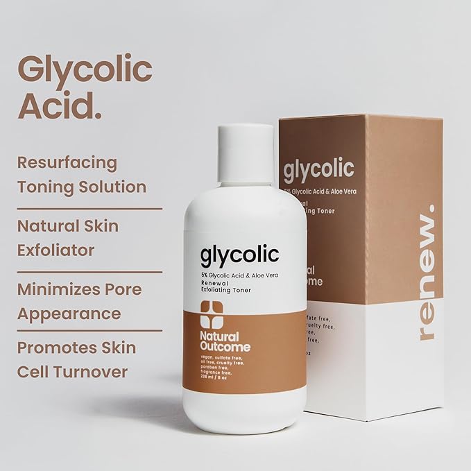 Natural Outcome Glycolic Acid Toner 5% for Face | Gentle Exfoliating Toner - with Aloe Vera & Quinoa Extract | Advance Anti-Aging Toning Solution Rejuvenates Skin & Minimizes Pore Appearance | 8 oz