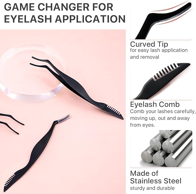 Pretty memory Upgraded Lash Applicator Tool with Comb, 2-IN-1 Stainless Steel Eyelash Tweezers, Lash Extension Curlers, Curved Tweezer Clip for Easy Application and Removal, Black