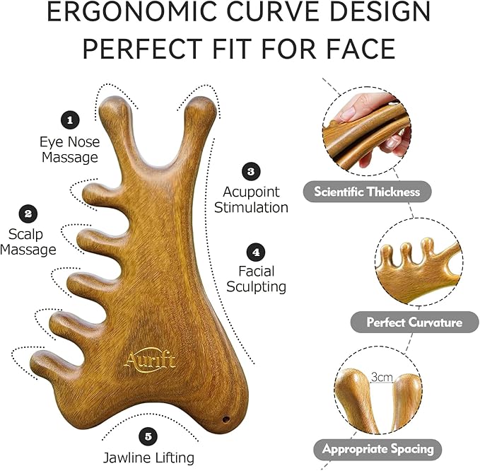 Gua Sha Tool for Face & Body, Christmas Gifts for Adults Mon, 4 in 1 Sandalwood Guasha, Lymphatic Drainage,Jaw Lifting & Nose Sculpting, Head Massage Comb for Stress Relief,Home Office Self Care