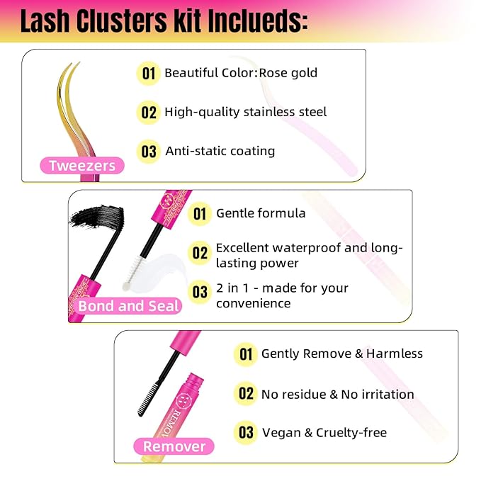 Lash Clusters Kit Individual Eyelash Extension Kit with 72 Pcs Cluster Lashes Bond and Seal Lash Remover Applicator and Complete Tools for DIY Fake Eyelashes Extension at Home (Baby Kit-D-Mix10-16mm)