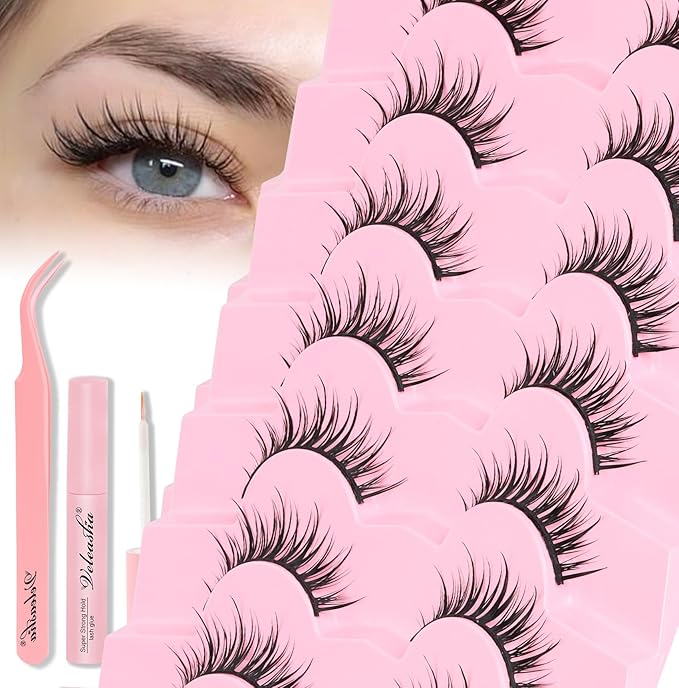 Veleasha Lashes Kit Manga Eyelashes DIY Lash Spiky Lash Clusters with Eyelash Glue & Tweezers Natural Look Eyelashes with Multiple Wear Ways Soft Cotton Band Lashes Wispy 7 Pairs Pack (Sugar Kit)