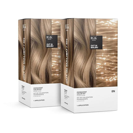 IGK Permanent Hair Dye Color Kit Set of Two | 8N Out in Malibu - Natural Blonde | 100% Gray Color Coverage + Strengthen + Shine | Ammonia Free