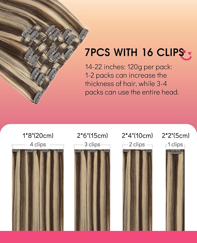 Youngsmile 16 Inch Clip in Hair Extensions Real Human Hair, Human Hair Extensions Clip in, Color 4 Chocolate Brown Highlighted mixed 27 Caramel Blonde 120 Gram 7Pcs(CLIP#4P27-16Inch)