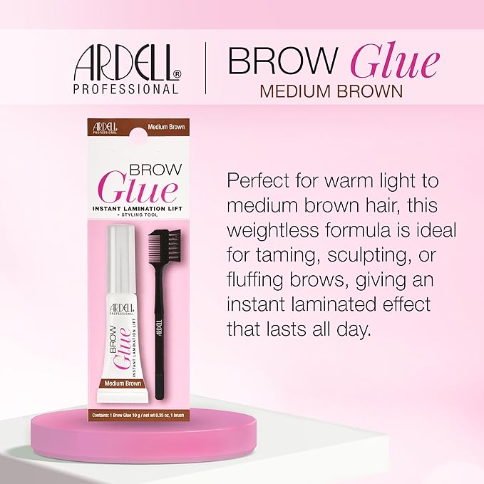 Ardell Brow Glue Medium Brown with Styling Brush – Tinted Eyebrow Gel for Lamination Lift, All-Day Extreme Hold Brow Gel for Defined Brows, 0.35 oz