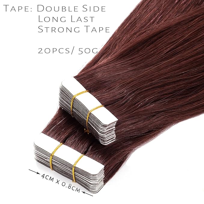 Lacer Tape in Hair Extensions Human Hair Wine Red 16 Inches Burgundy Straight Tape in Real Human Hair Extensions Dlouble Side Weft 20pcs 50 Grams Per Pack