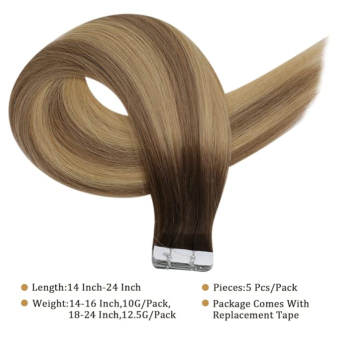 Full Shine Virgin Injection Tape in Hair Extensions 5Pcs Color 3 Brown Fading to 8 Ash Brown And 22 Blonde 14 Inch Seamless Intact Tape in Hair Remy Tape in Human Hair 10 Gram Natural Straight Hair