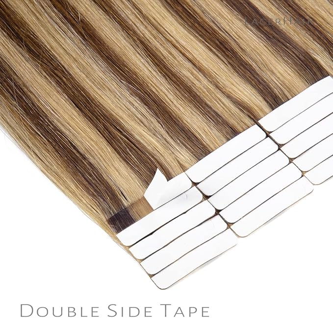 Lacerhair Natural Hair Remy Tape in Human Hair Extensions Highlight Color #4/12 Dark Brown to Golden Brown Seamless PU Skin Weft 100% Real Virgin Invisible Hair Double Side 50g 20pcs/set 14 Inch