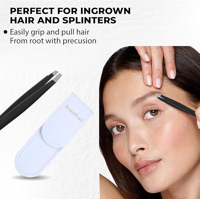Slant Tip Eyebrow Tweezer for women & men – Stainless Steel Tweezers, Stocking Stuffer for women & men,Facial Hair Removal tweezers for Chin hair, Ingrown Hair tweezer, Black Travel tweezers with case