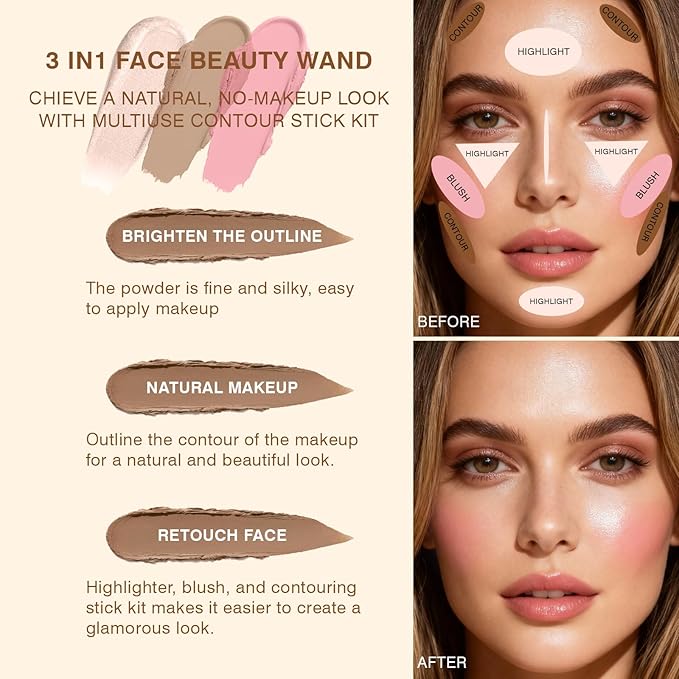 3Pcs Cream Contour Sticks, Shades with Highlighter & Bronzer & Blush, Makeup Kit for Sculpt the Cheeks Long Lasting Dewy & Matte Finish Lightweight Face Contouring Pen LIGHT MEDIUM (SET-A)