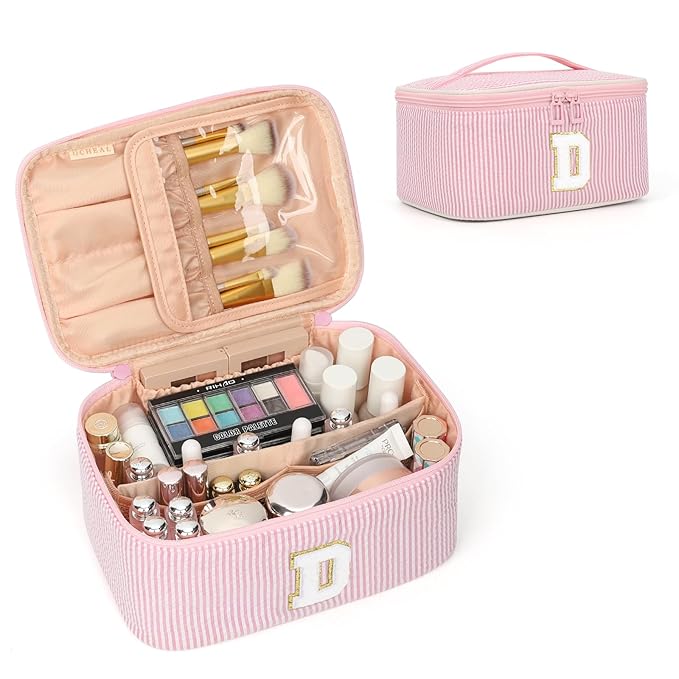 OCHEAL Makeup Bag for Women, Monogram Cosmetic Bag with Brush Holder, Pink Travel Makeup Case Beauty Toiletry Bag Organizer Personalized Gifts for Girls Bridesmaid, Sister, Wife, Friends Initial D