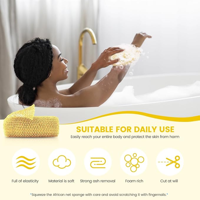 African Net Sponge, Authentic Exfoliating Body Scrubber for Bath and Shower, Multiple Textures with Gentle Deep Exfoliating and Rich Lather for All Skins (Yellow)