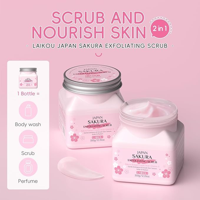 LAIKOU Japan Sakura Body Scrub, Exfoliating Body Scrub, Scrub for Smooth and Soften Skin 350g / 12.35oz.