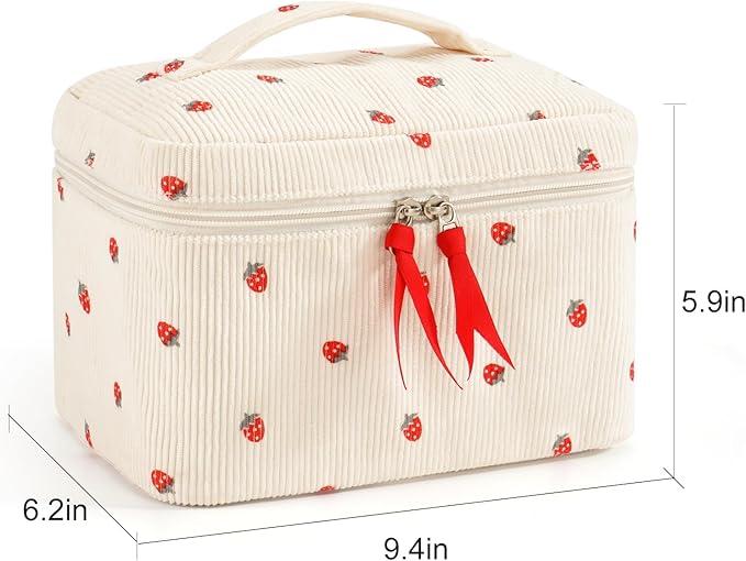 Makeup Bag for Women Quilted Corduroy Make Up Bag Travel Cosmetic Bag Large Makeup Bag Cute Makeup Bags Organizer Toiletry Bag Makeup Pouch for Purse, Mini Strawberry